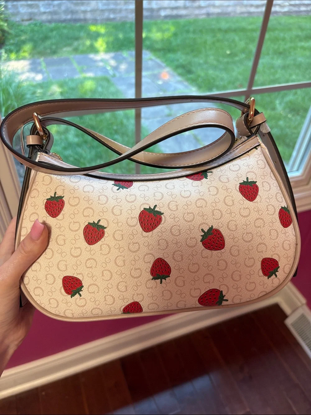 Guess Cream Shoulder Bag with Red Strawberry Print - Picture 4 of 6